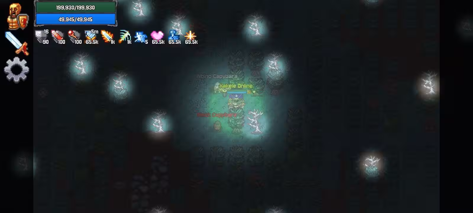 A player and two capybara pets in a pool of light inside a fog forest of bare, glowing trees in Kakele Online
