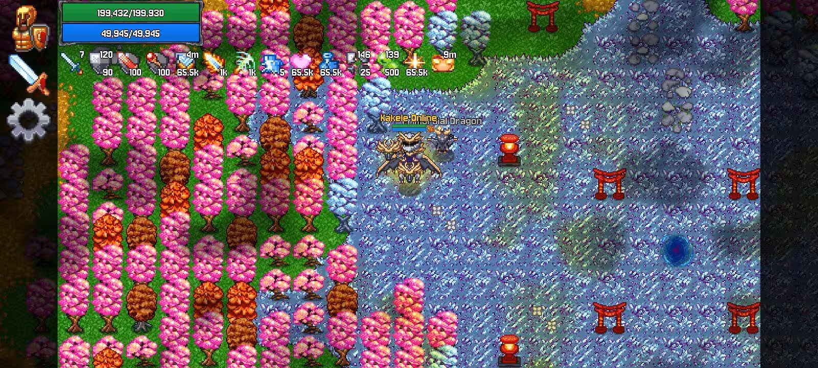 A player riding a dragon where a cherry blossom grove meets a snowfield dotted with red torii gates in Kakele Online