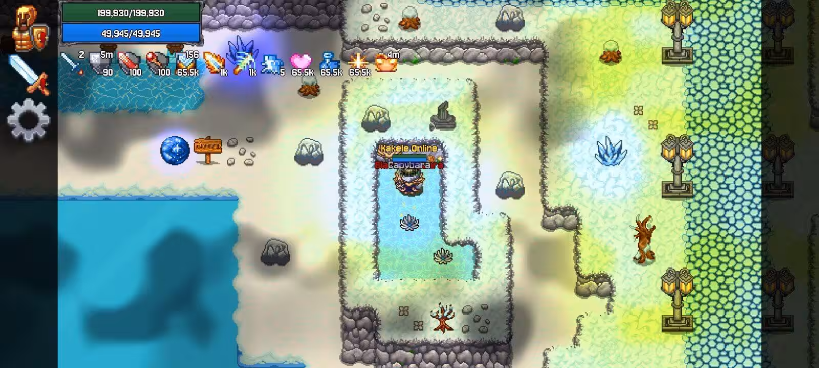 A capybara pet beside an icy pool where the Hymalaya snowfields meet a turquoise sea and clusters of blue crystal