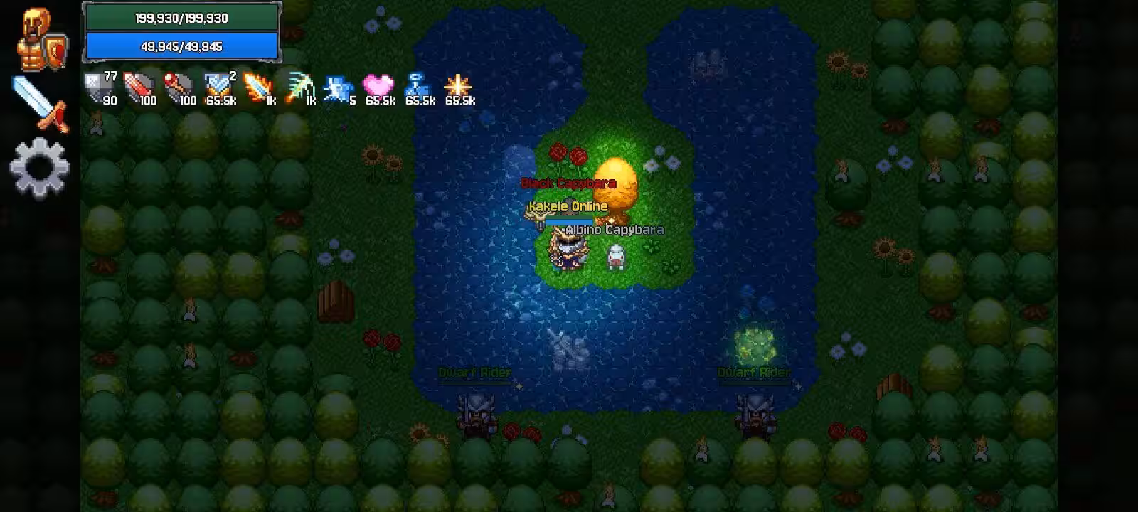 A player and two capybara pets on a small flowering island in a forest lake, with dwarf riders on the far shore