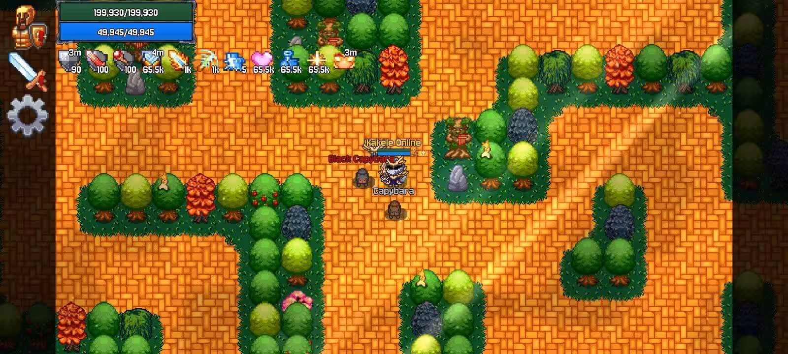 A player and two capybara pets at a junction in the hedge walls of the Minotaur's Labyrinth in Kakele Online