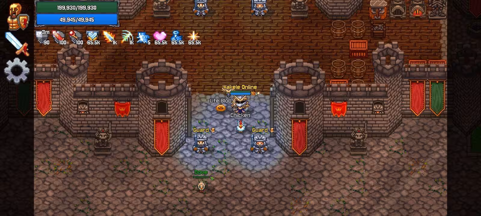 A player and two guards at the stone gatehouse of Muroria castle in Kakele Online, red banners hanging from the battlements