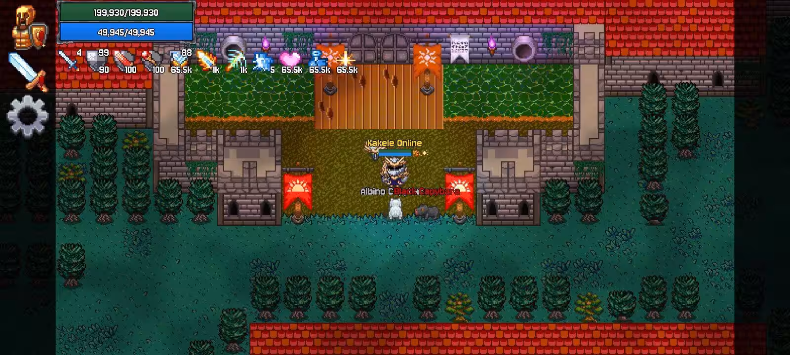 A player and two capybara pets outside the red tiled rooftops and pine woods of the village of Saint Mardi