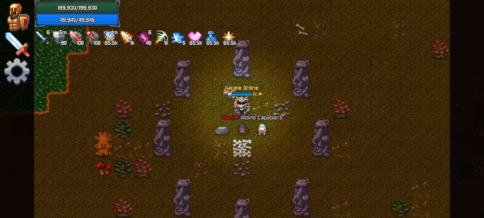 A player and two capybara pets standing in a ring of weathered stone heads on dark ground