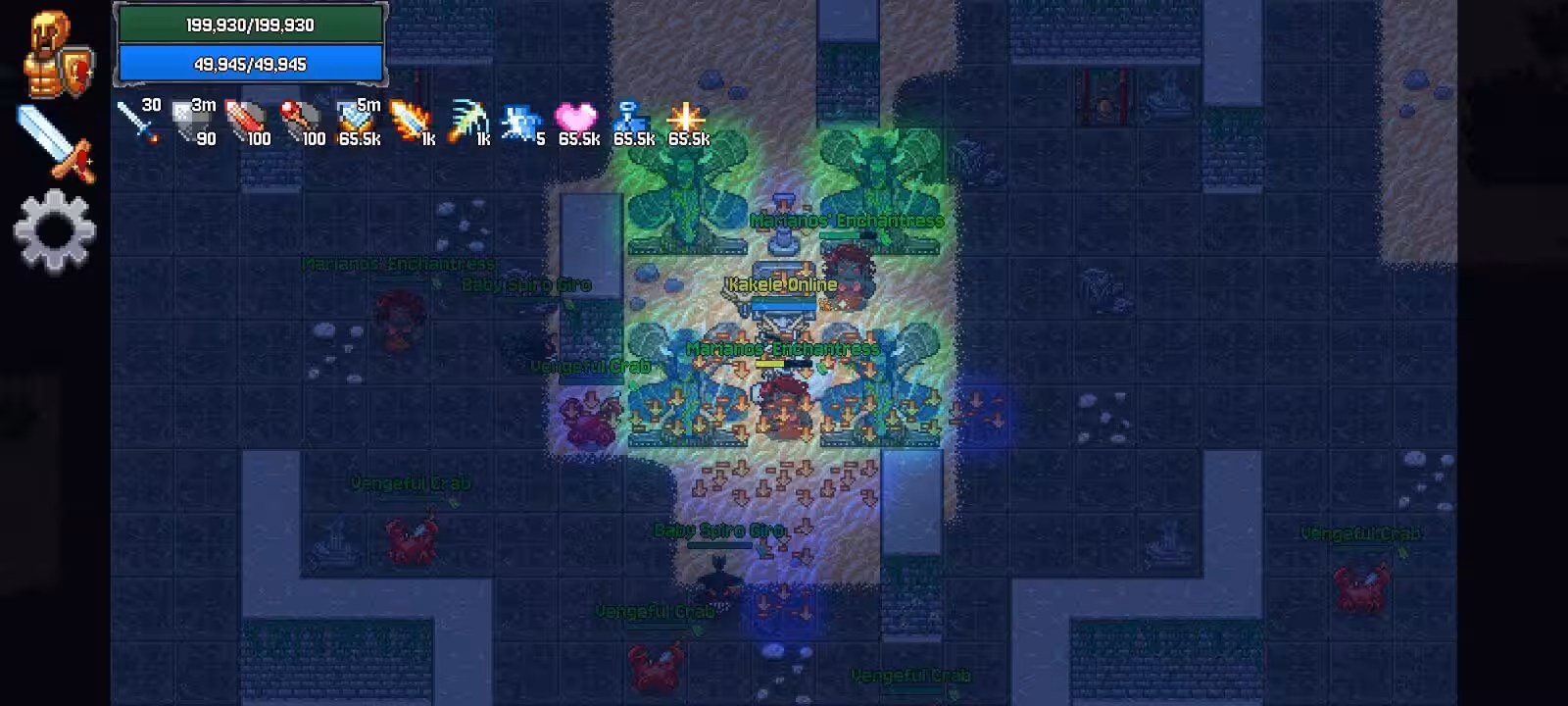 A player fighting Marianos Enchantresses and vengeful crabs in the sunken stone ruins of Kakele Online